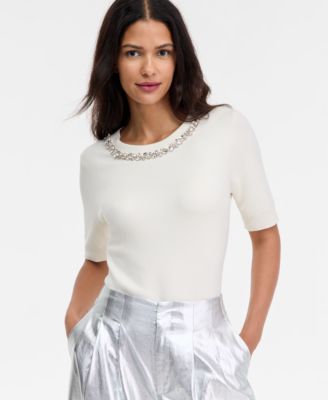 Women's Short-Sleeve Embellished-Neck Sweater, Macy's Exclusive