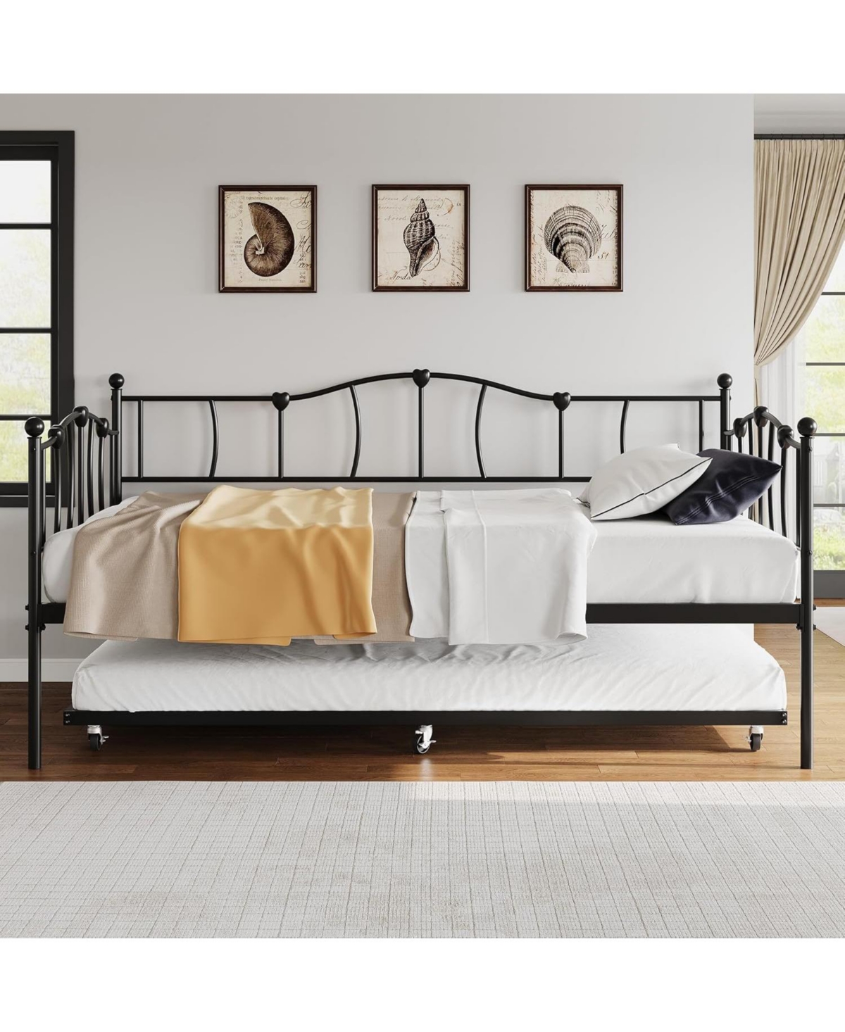 Gaomon Metal Daybed with Trundle Bed, Twin Size Day Bed with Premium Metal Frame and Steel Slat Support, Daybed and Roll Out Trundle,Black