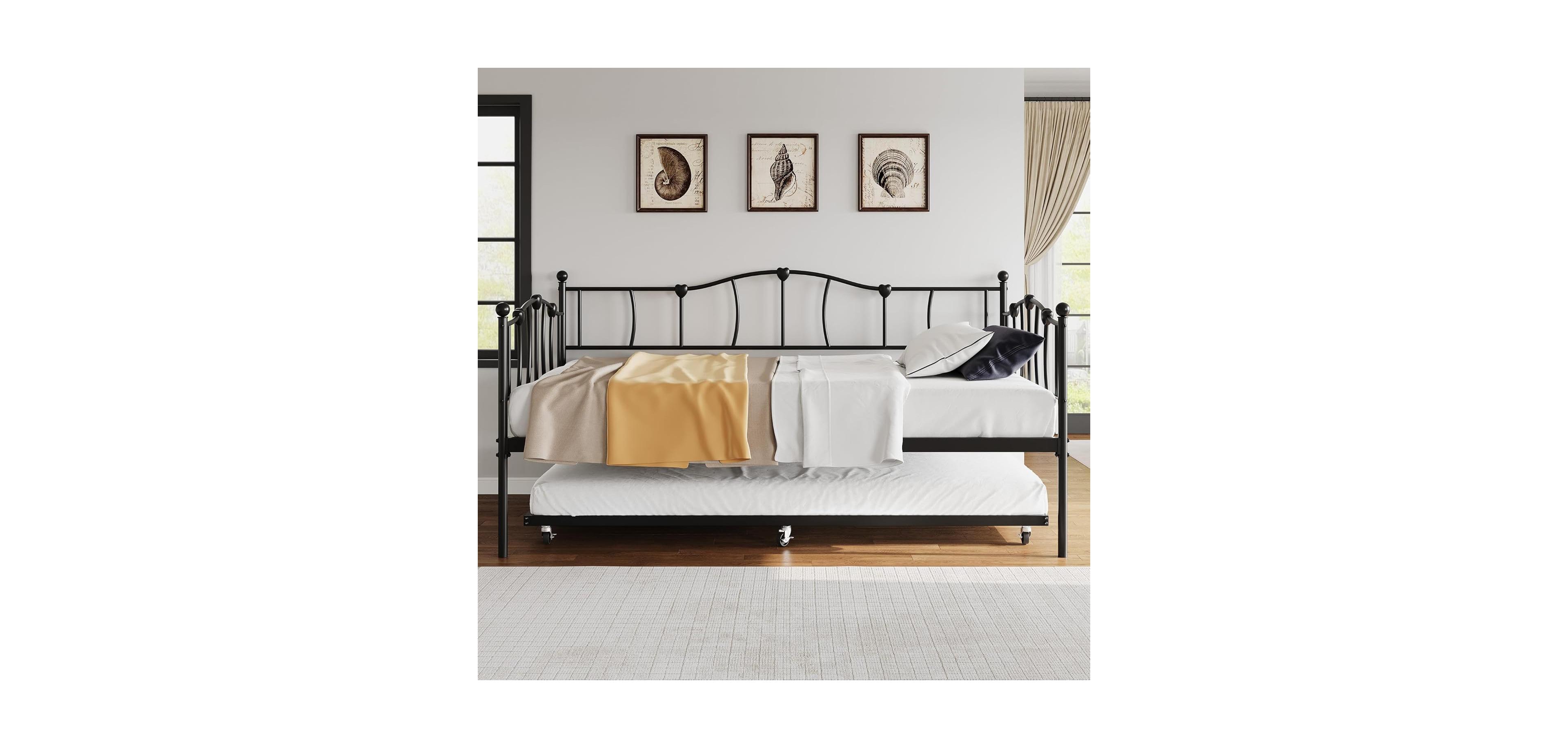 Gaomon Metal Daybed with Trundle Bed, Twin Size Day Bed with Premium Metal Frame and Steel Slat Support, Daybed and Roll Out Trundle,Black