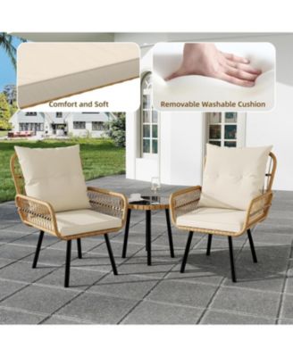 3 Piece Patio Bistro Set, Outdoor Wicker Conversation Set with Round Glass Top Coffee Table and Cushioned Chair, All-Weather Rattan Patio Furniture for Porch Balcony, Beige