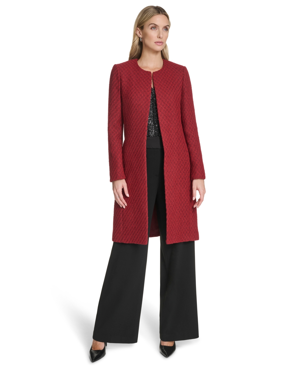 Calvin Klein Women's Open-front Shoulder Padded Long Jacket In Red