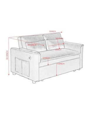 55" Velvet Loveseat Sofa Bed with USB Ports, Adjustable Backrest & Pull-Out Sleeper with Storage Pockets & Pillows