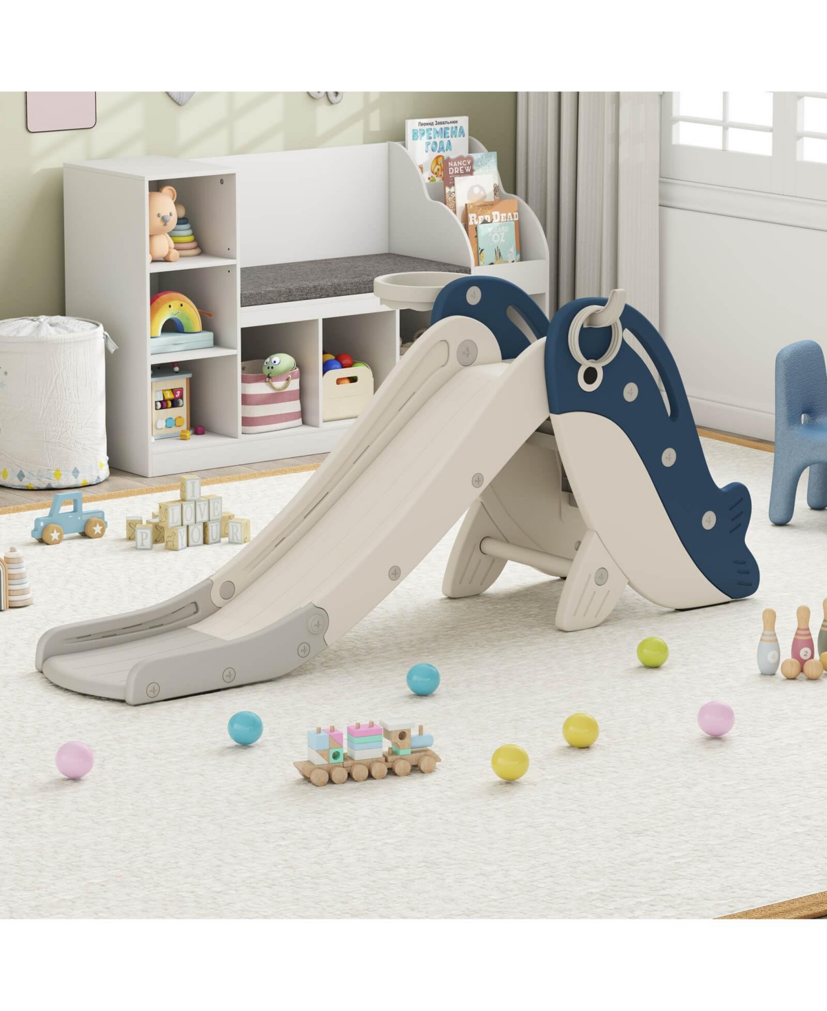 4-in-1 Toddler Slide Playground with Basketball Hoop Ball Ring Toss Climbing