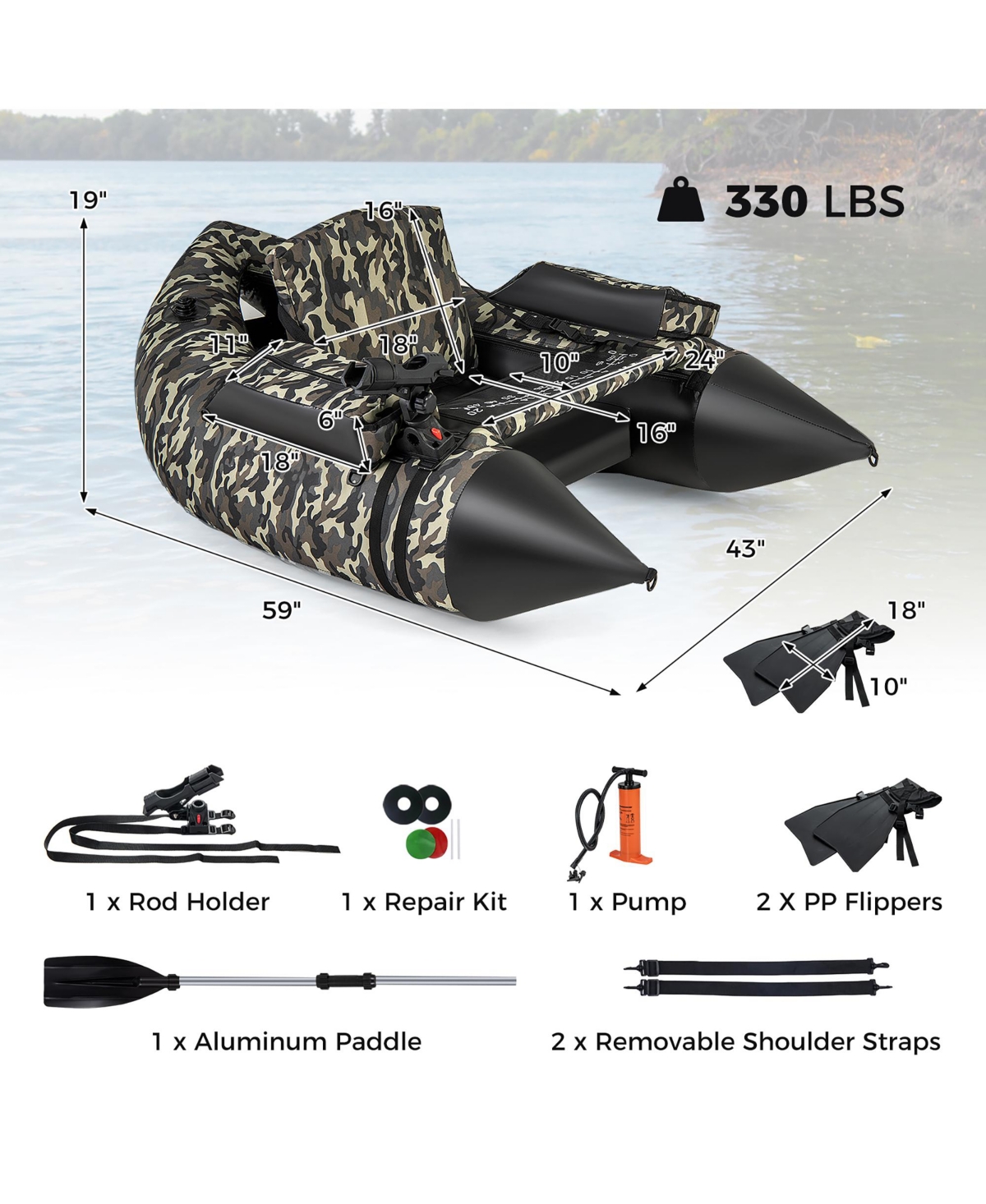 Gymax Inflatable Float Tube w/ Flippers Fish Ruler Rod Holder Storage Pockets Pump