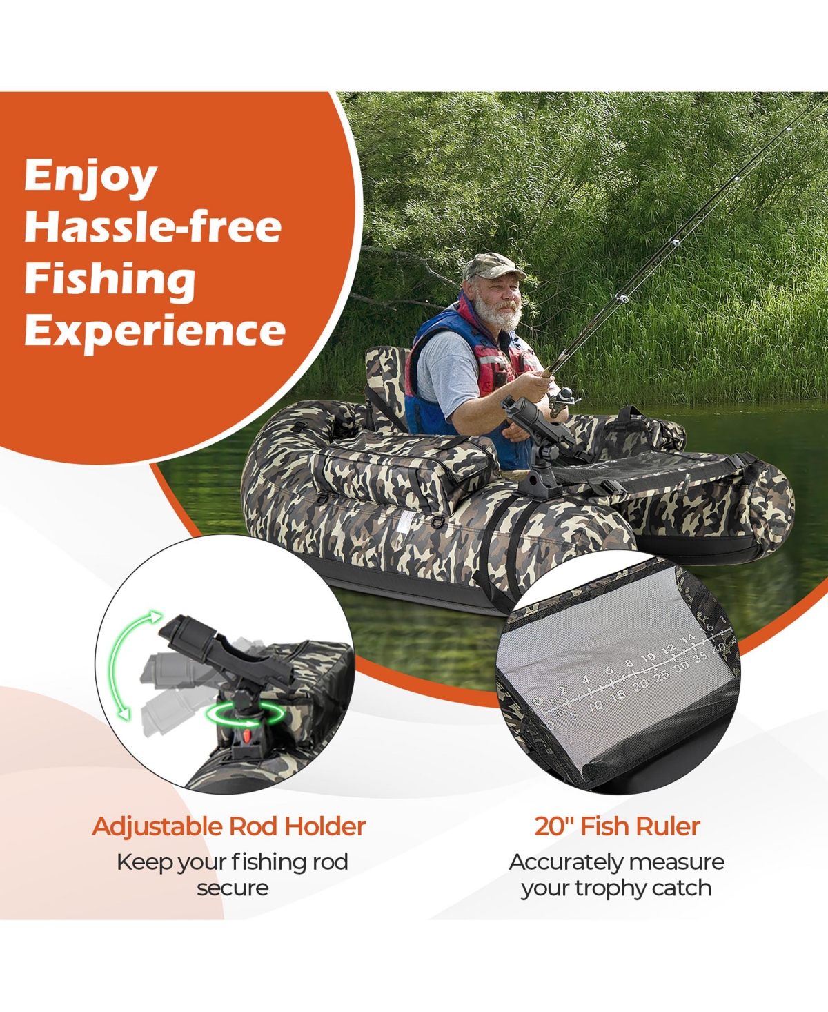 Gymax Inflatable Float Tube w/ Fish Ruler Rod Holder Storage Pockets Flippers Paddle