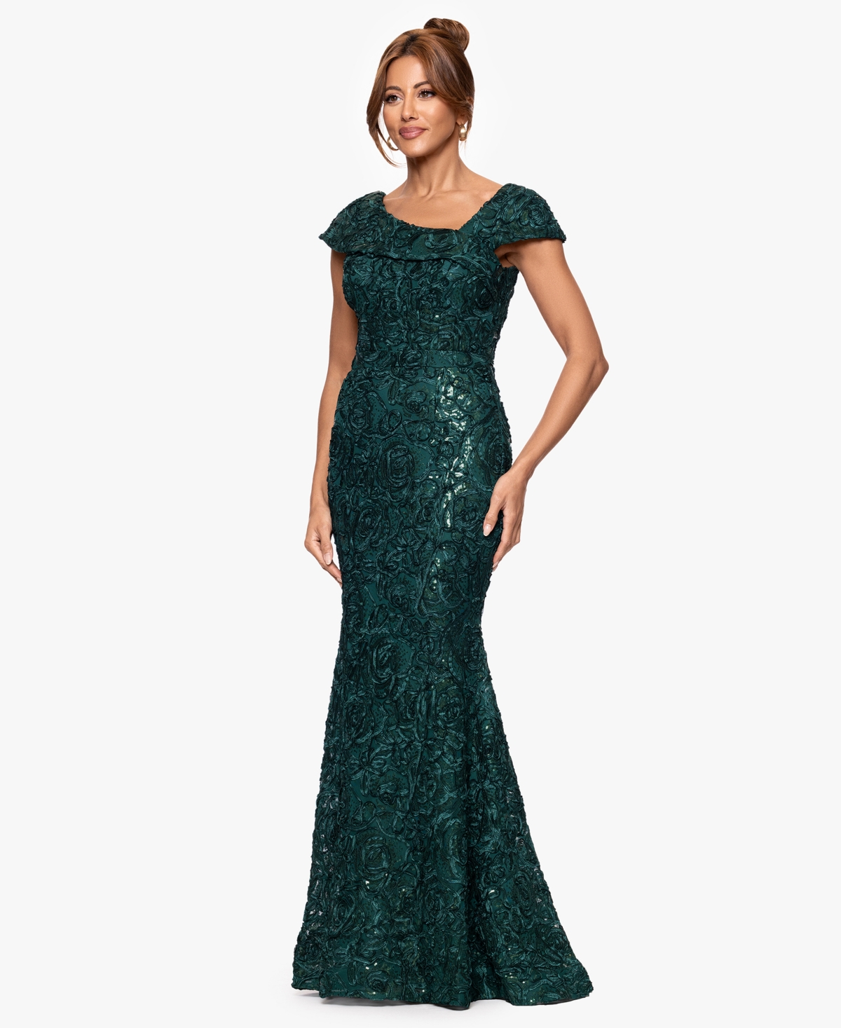 Xscape Women's Asymmetric Neck Long Dress In Green