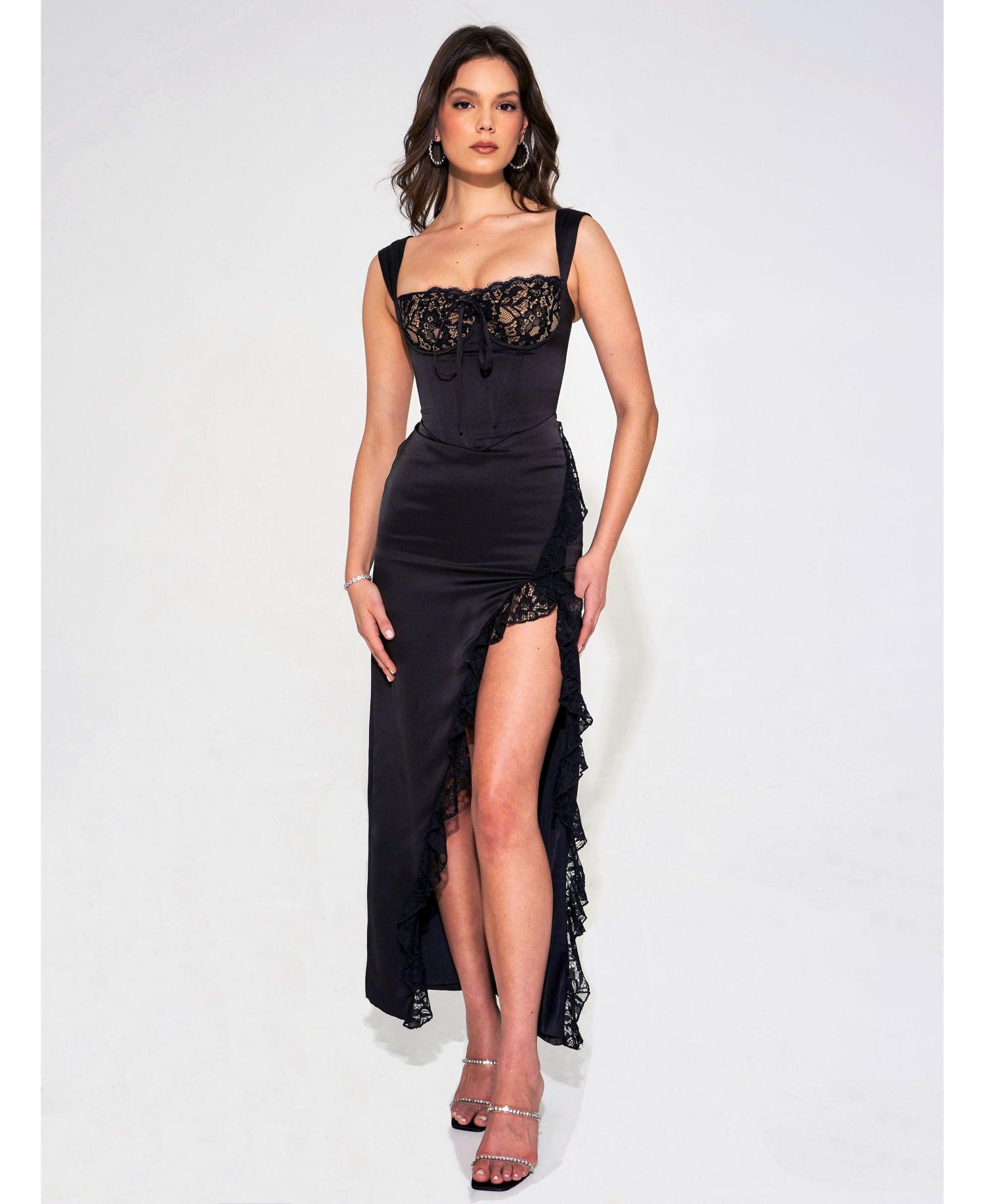 Women's Freddie Black Lace Satin Maxi Corset Dress