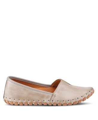 Kathaleta Leather Slip-On Comfort Flats with V-Elastic Notch, Arch Support & Removable Insole