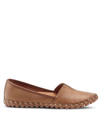 Kathaleta Leather Slip-On Comfort Flats with V-Elastic Notch, Arch Support & Removable Insole