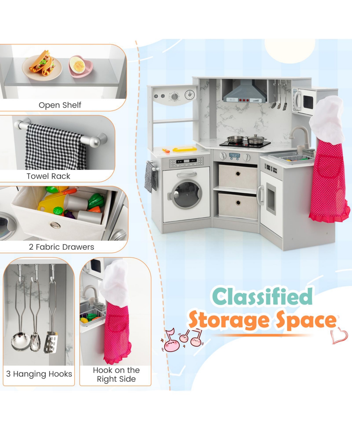 Wooden Kids Play Kitchen with Realistic Lights & Sounds – Gray