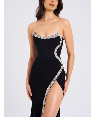 Women Xoana Black Crystal Embellished High Slit Gown