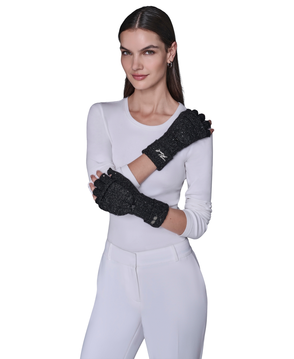Karl Lagerfeld Women's Sequin Flip Top Gloves In Black