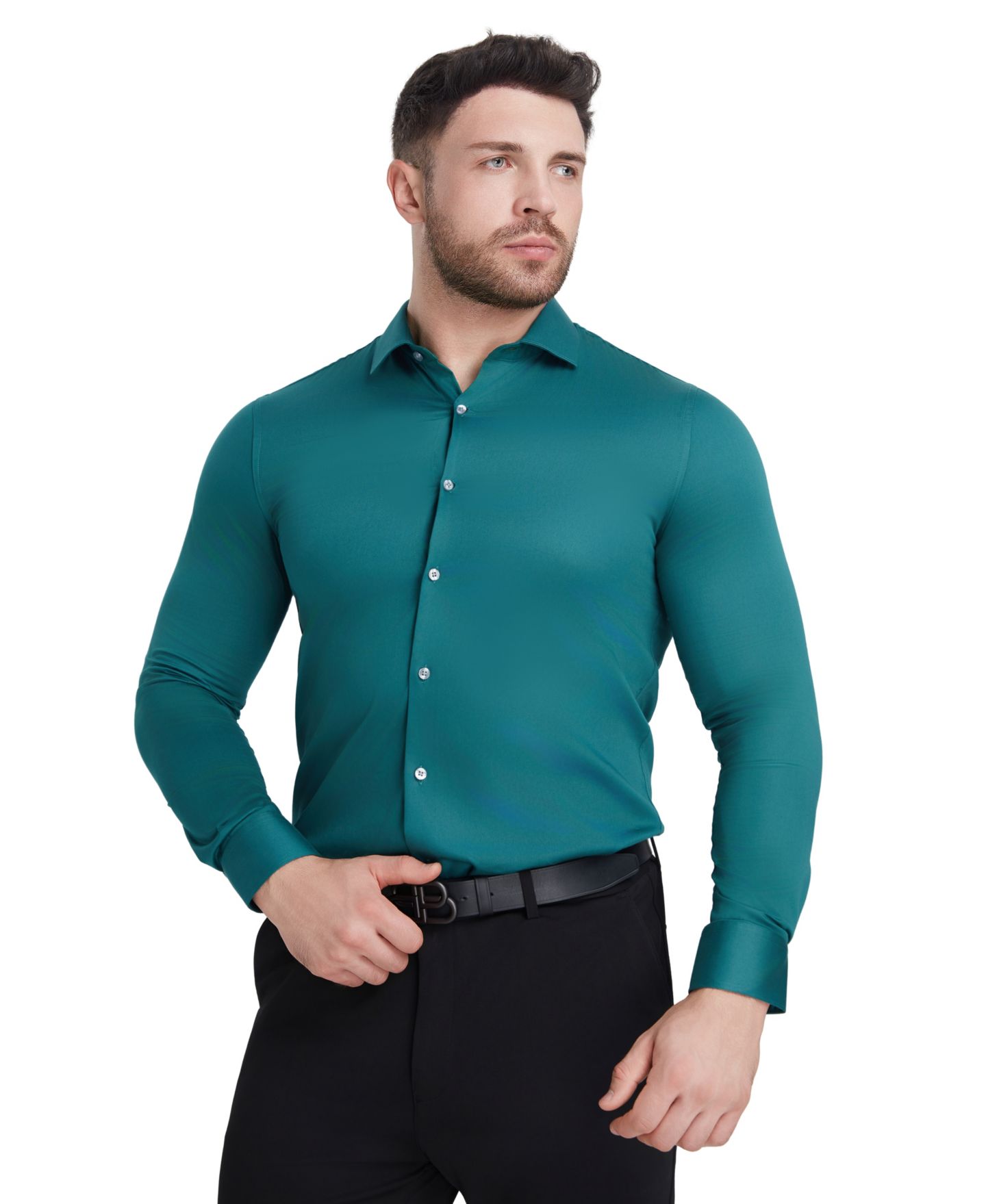 Мужская рубашка Perry Ellis Portfolio Solid Sateen Slim Fit Dress Shirt, цвет: Изумрудный — фото 3