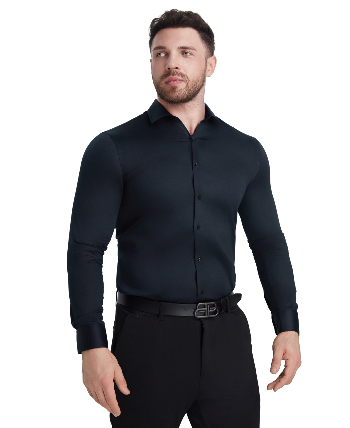 Perry Ellis Solid Sateen Slim Fit Dress Shirt In Black