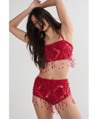Women's Embellished Tassel Beaded Crop Top