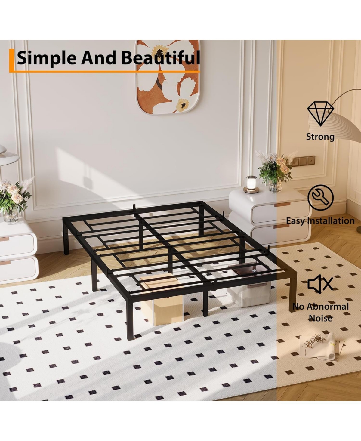 14 Inch Metal Full Bed Frame with Rounded Corner, Heavy Duty Non-Slip Bed Frame with Steel Slats, No Box Spring Required Noise-Free Easy Assembly, 9-L