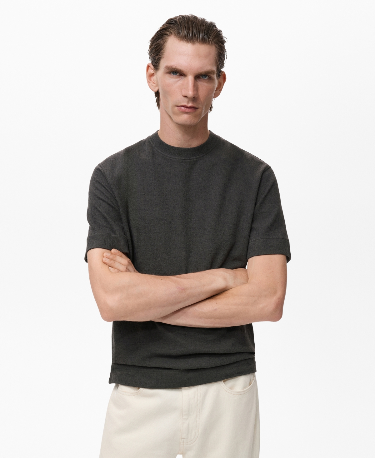 Mango Men's Textured Cotton T-shirt In Gray