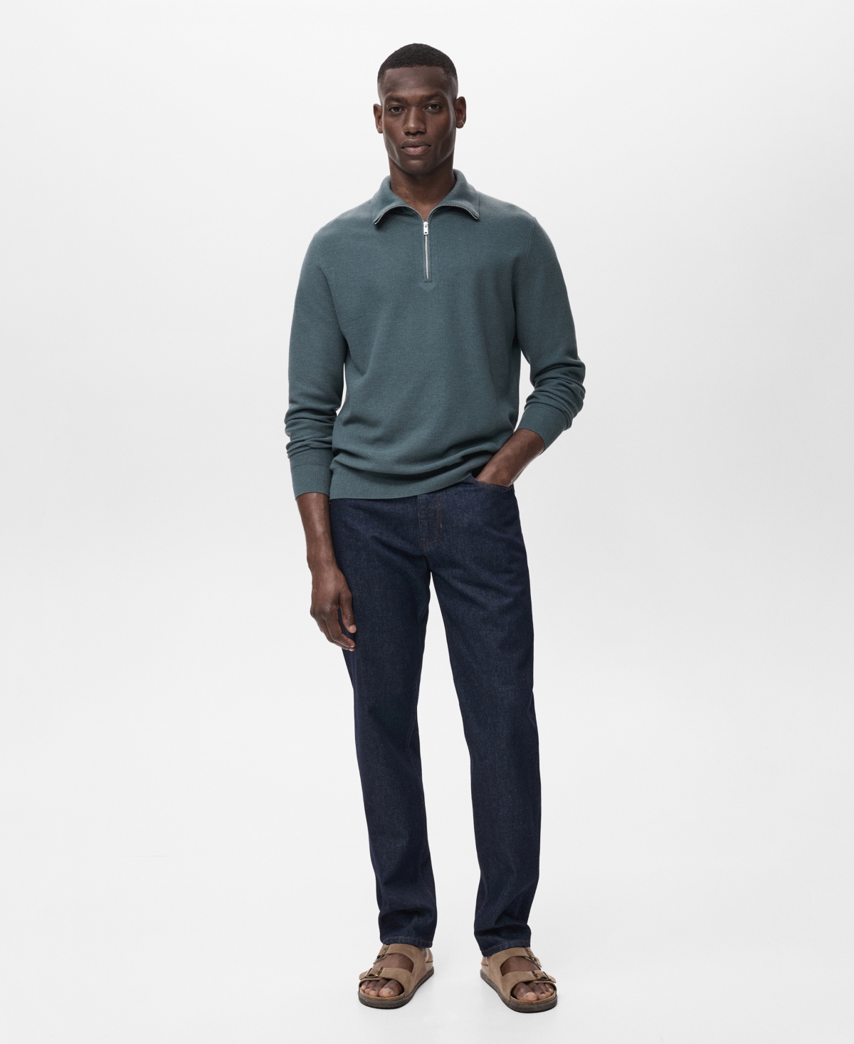 Mango Half Zip Piqué Sweater In Blue