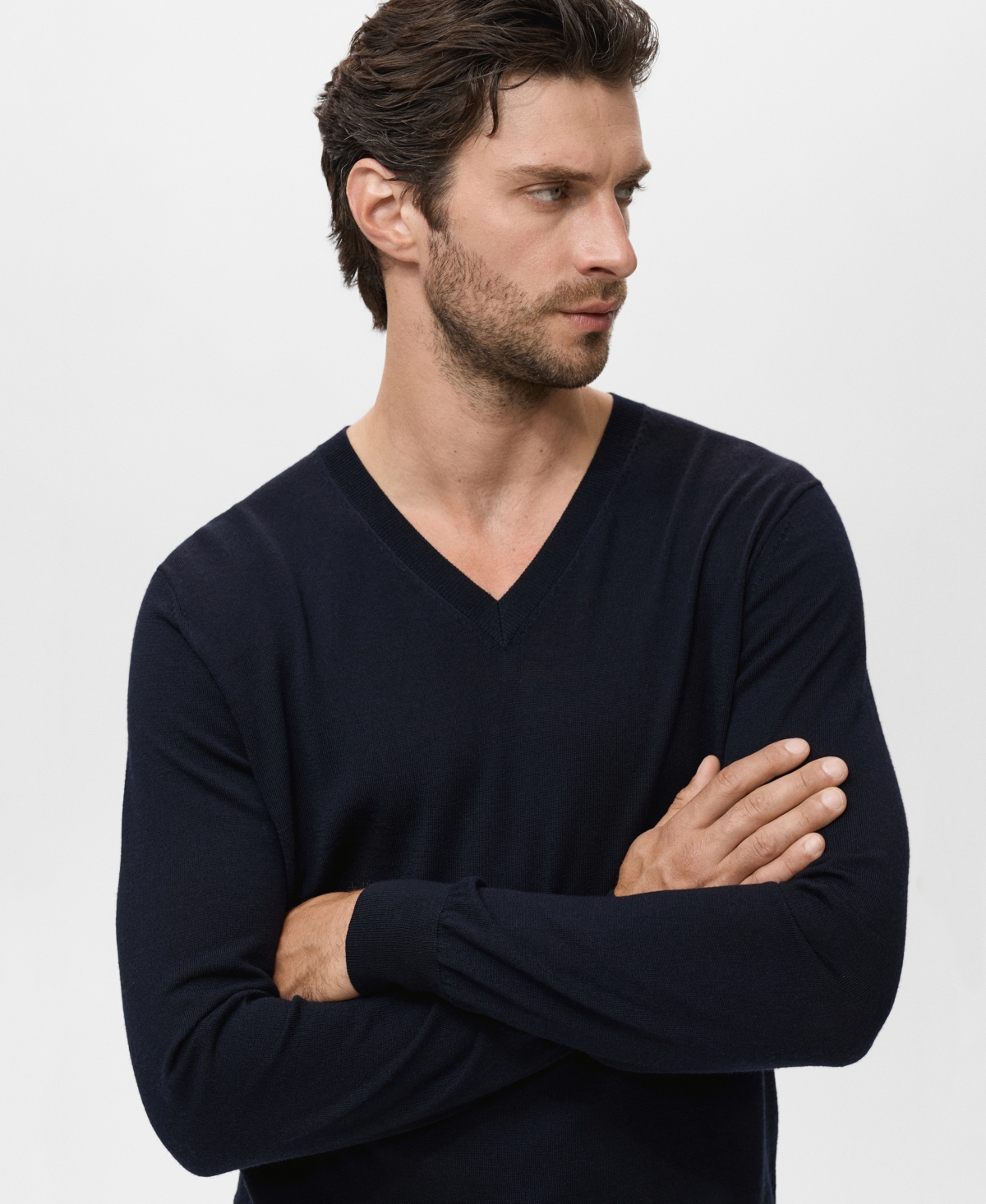 Mango Solid Wool V-neck Sweater In Blue