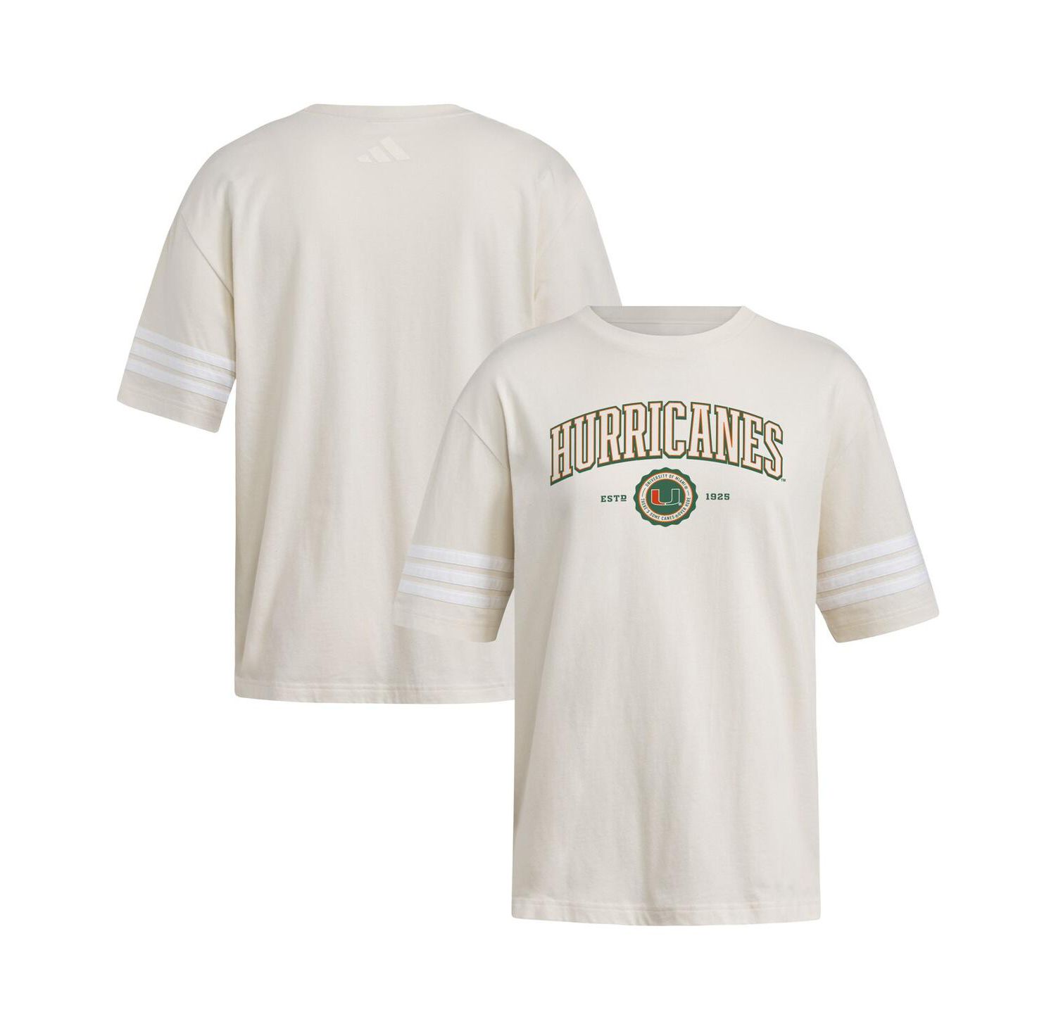 Women's Cream Miami Hurricanes Fashion Three-Stripes Oversized T-Shirt