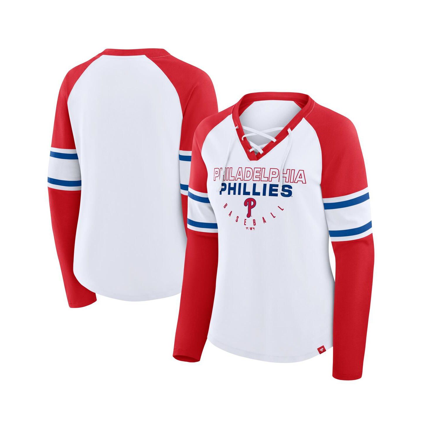 Женская футболка Fanatics White/Red Philadelphia Phillies Blitz Package Raglan Lace-Up V-Neck Long Sleeve — фото 1
