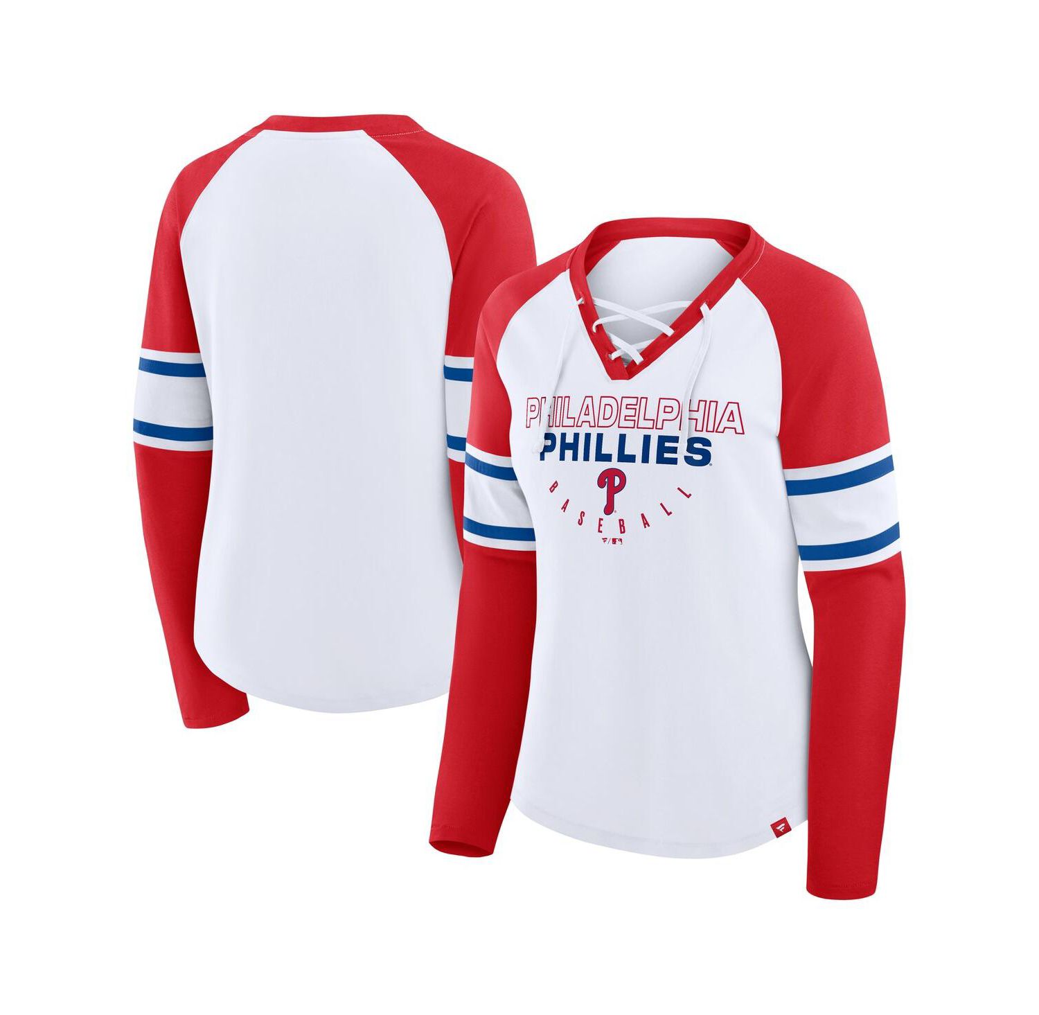 Women's White/Red Philadelphia Phillies Blitz Package Raglan Lace-Up V-Neck Long Sleeve T-Shirt