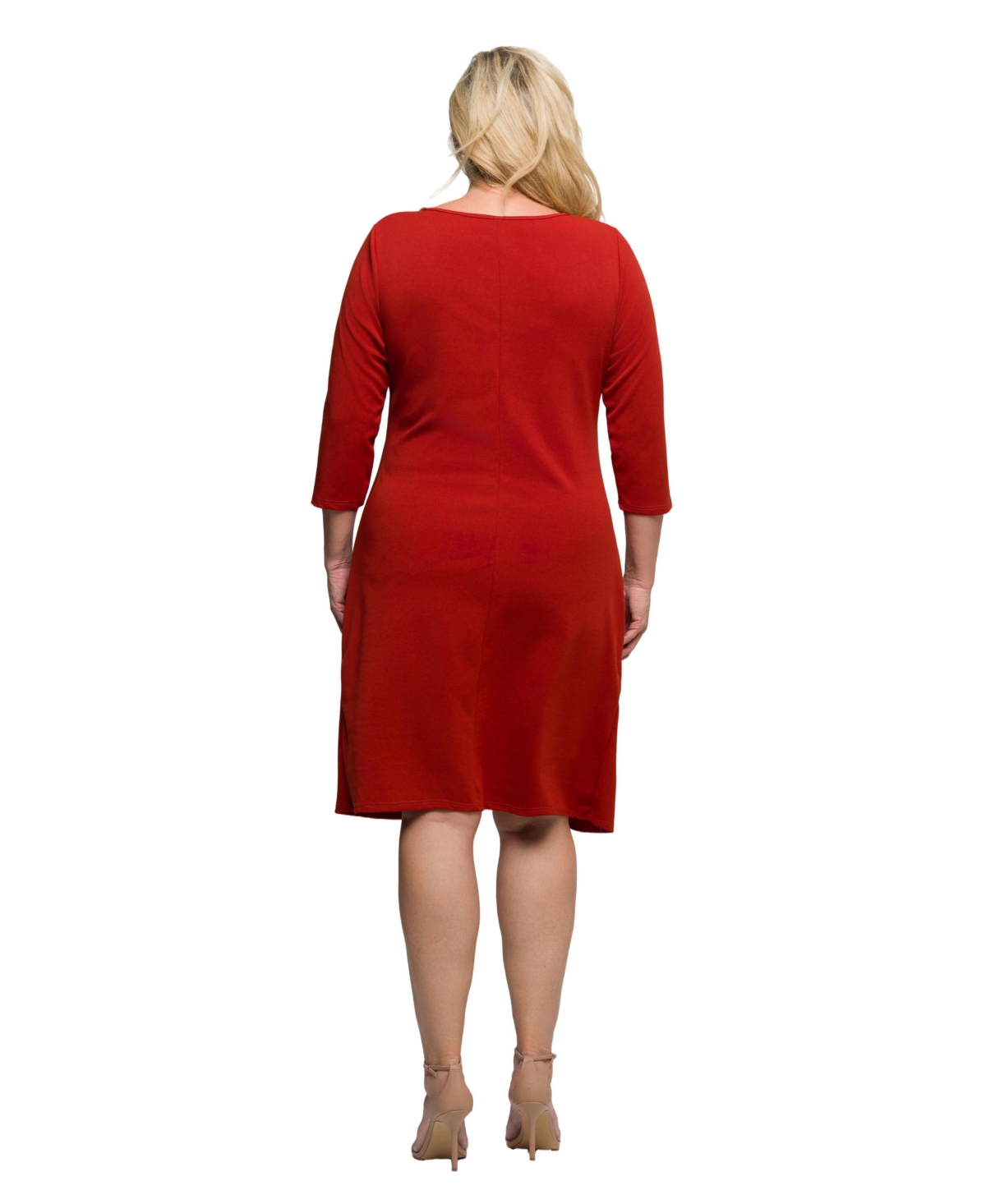24seven Comfort Apparel Plus Size Three Quarter Sleeve Ruched Tulip Hem Mini Dress In Red