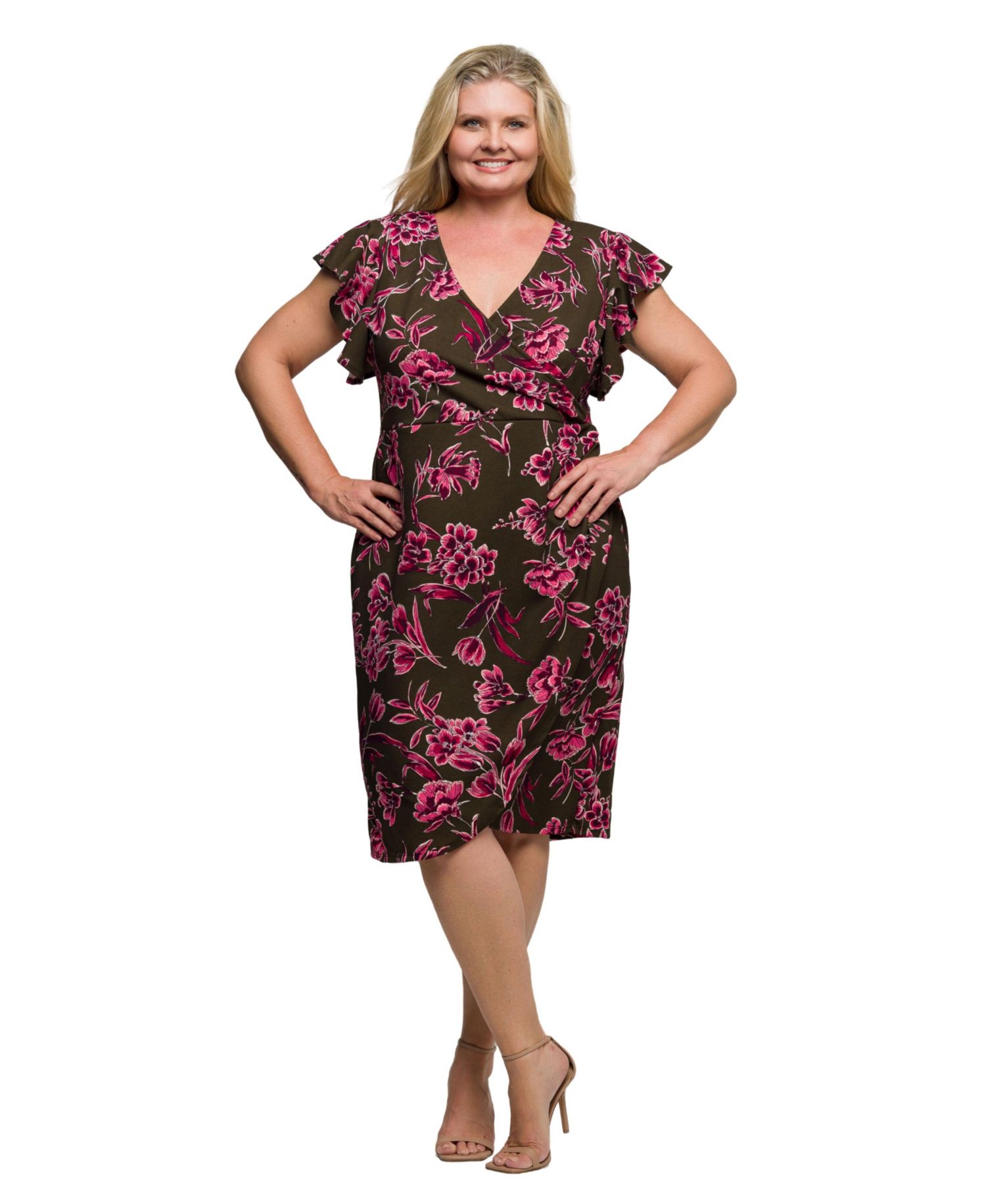 Платье с запахом и развевающимися рукавами в цветочек коричневого и розового цветов большого размера