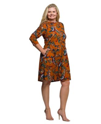 Plus Size Rust Paisley Print Fit Flare Knee Length Dress
