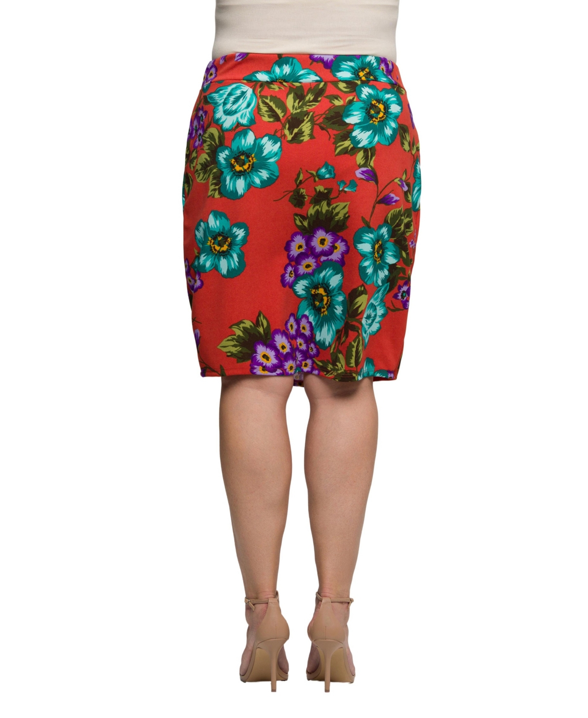 24seven Comfort Apparel Plus Size Orange Floral Print Knee Length Pencil Skirt In Multi