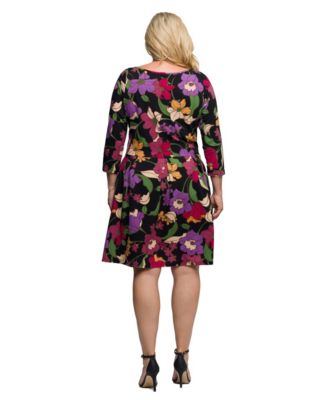 Plus Size Black Multicolor Floral Fit and Flare Pocket Knee Length Dress