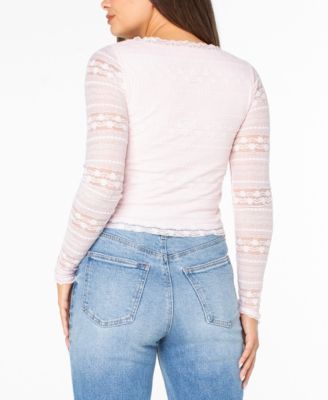 Juniors' Long-Sleeve Lace V-Neck Top