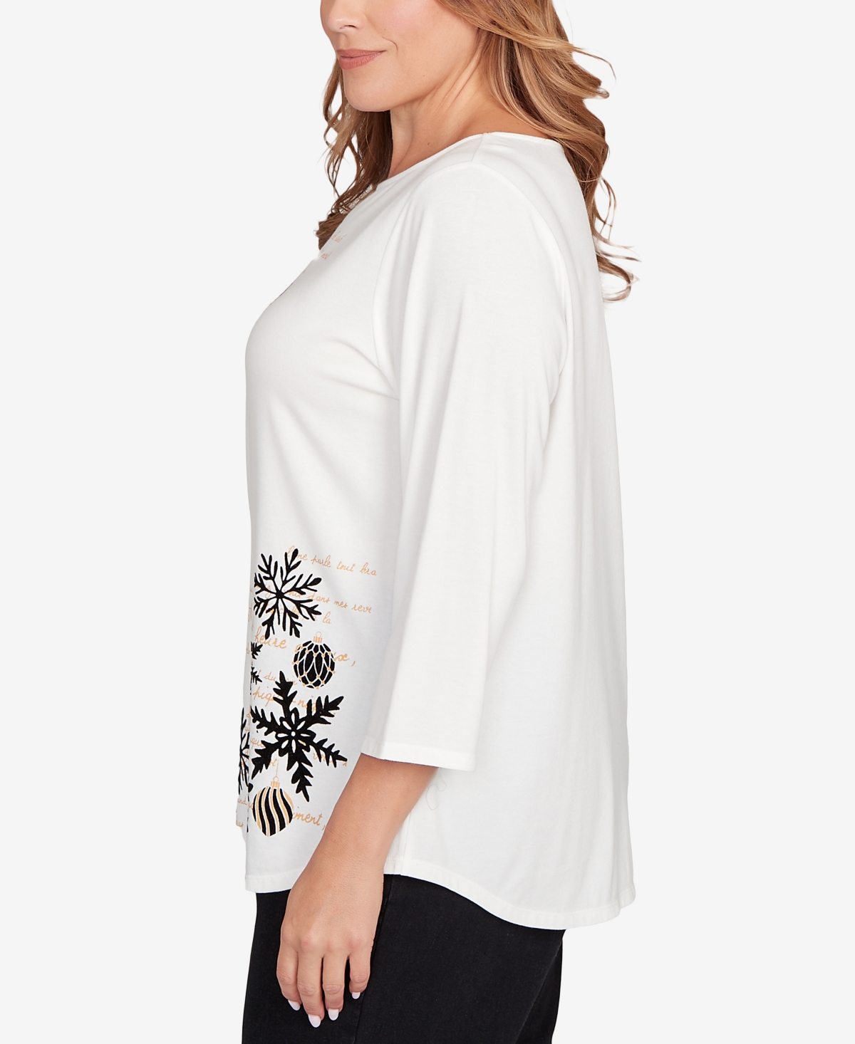 Ruby Rd. Plus Size Snowflake Script Knit Top In White