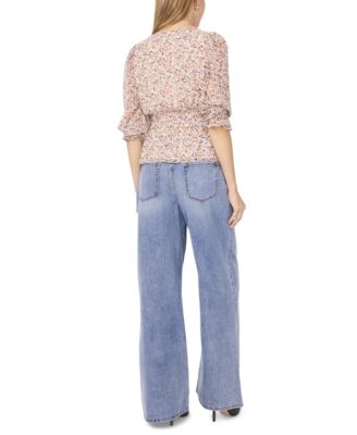 Women's Smocked Waist 3/4-Sleeve Button Down Blouse