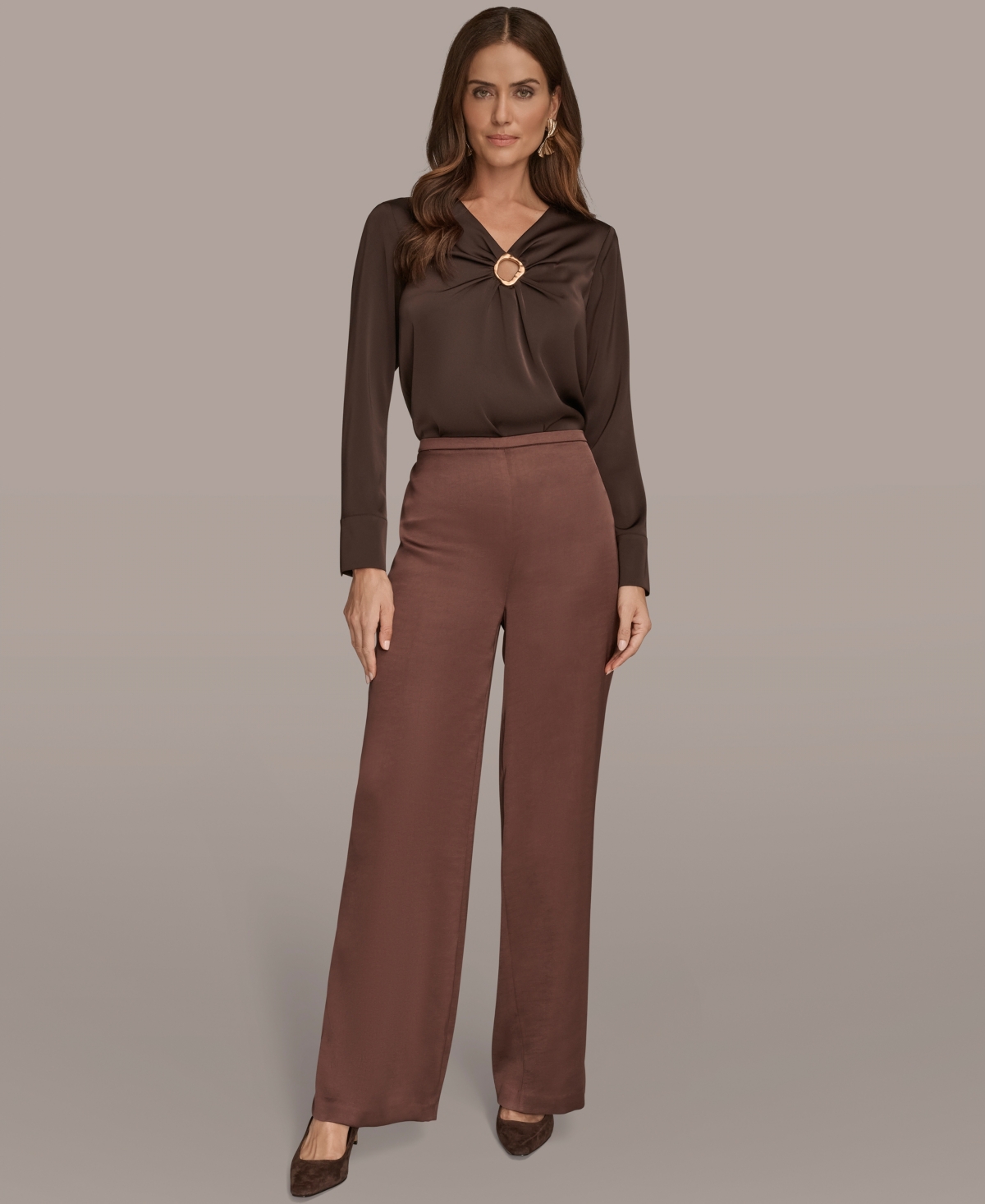 Donna Karan New York Wide Leg Satin Pants In Brown