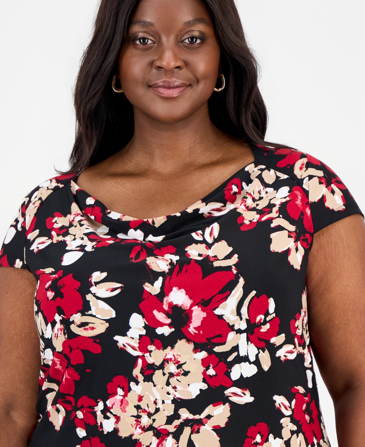 Kasper Plus Cowl-Neck Cap-Sleeve Top