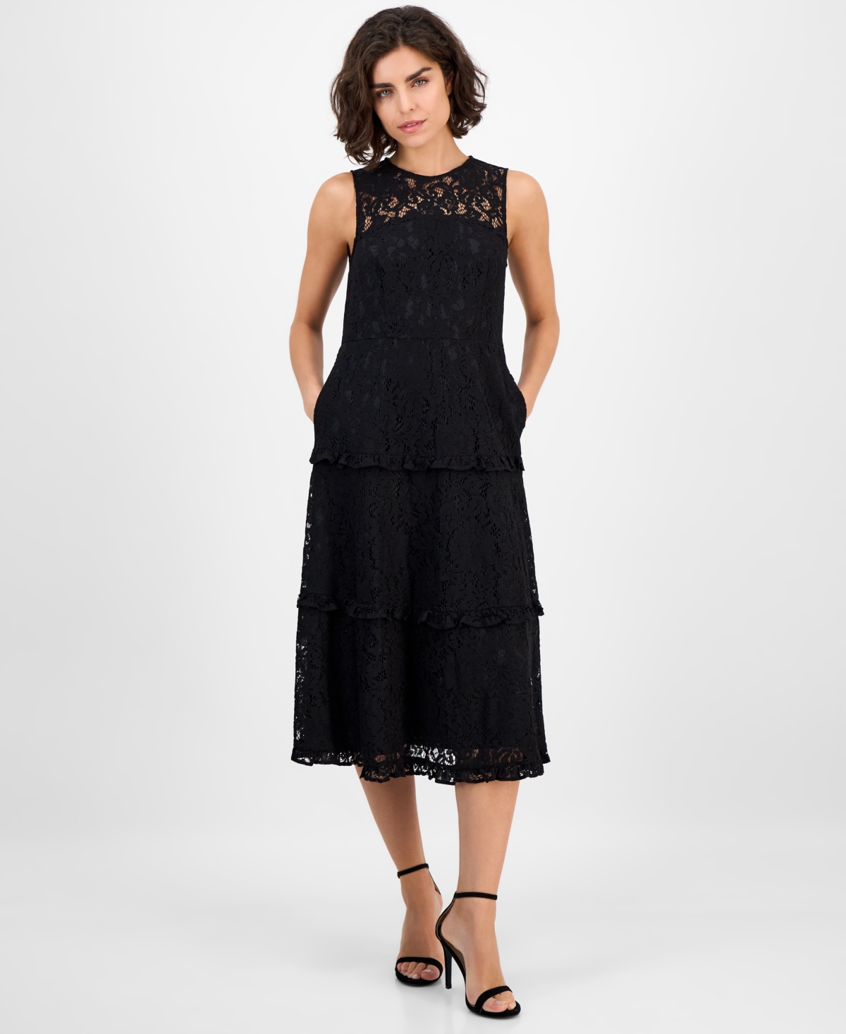 Anne Klein Women's Round-neck Tiered Lace Midi Dress In Blue