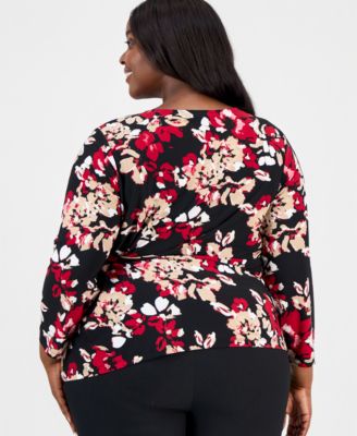 Plus Size Printed 3/4-Sleeve Tie-Waist Top