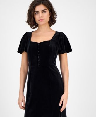 Women's Sweetheart-Neck Puff Sleeve Velvet Midi Dress