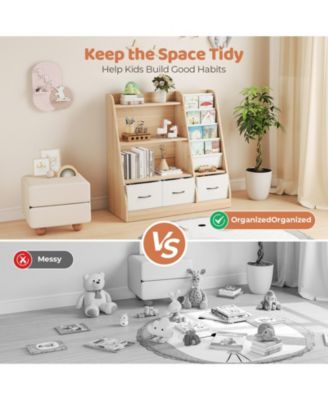 Wooden Kids Storage Organizer Shelf with Book Rack and Fabric Bins