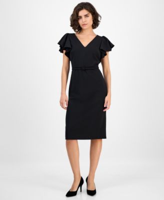 Anne Klein - Women's V-Neck Ruffle-Sleeve Sheath Dress