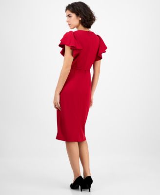 Women's V-Neck Ruffle-Sleeve Sheath Dress