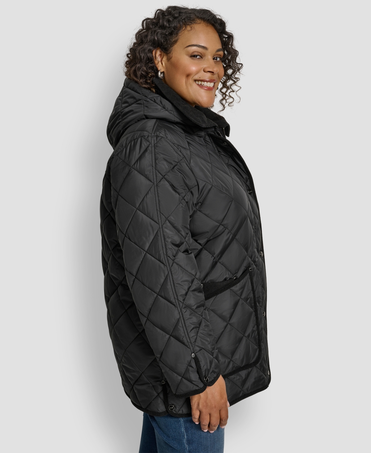 Dkny Plus Size Hooded Quilted Coat In Black