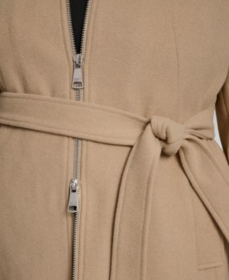 Plus Size Belted Zip-Up Wool Coat