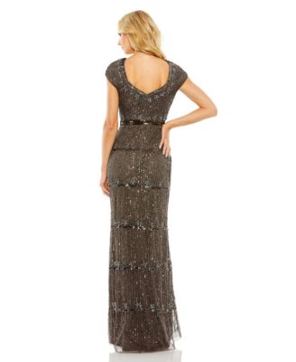 Women's Cap Sleeve Sweetheart Neckline Beaded Sequin Column Gown