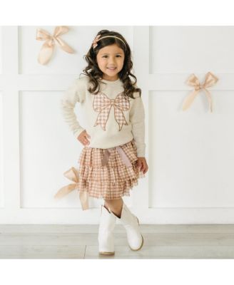 Little and Big Girls Gingham Bow Patch Sweatshirt