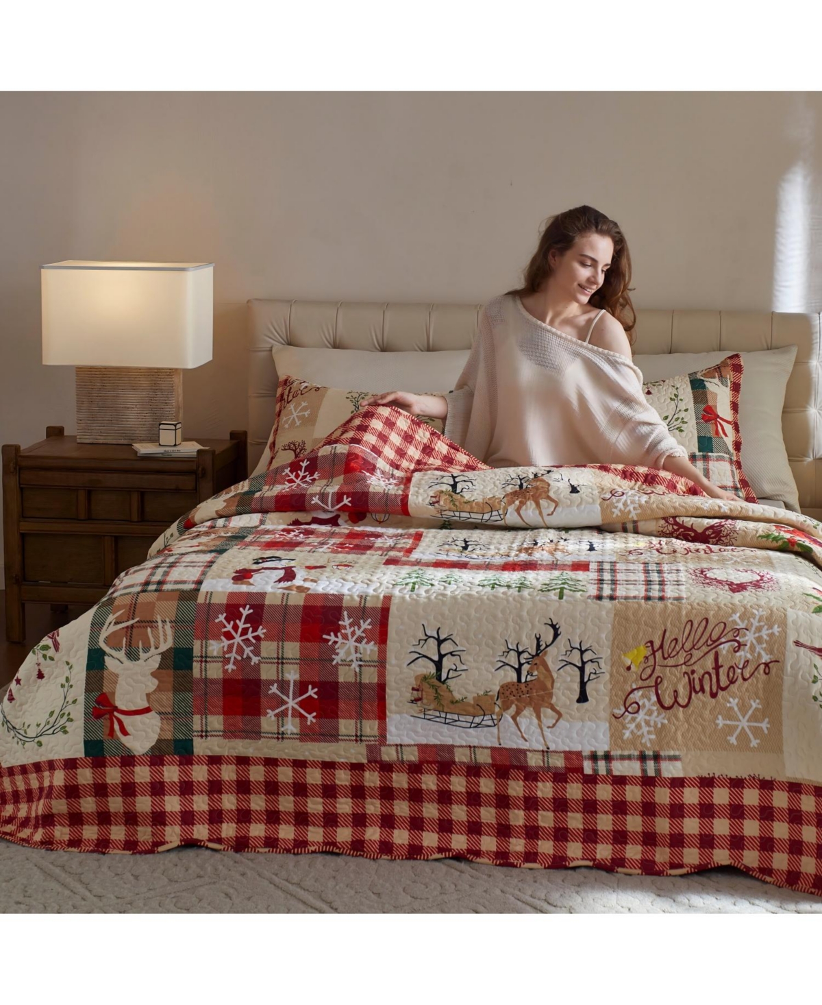 MarCielo 3 Piece Christmas Quilt Bedspread Set Rustic Cabin Lodge Quilt B010