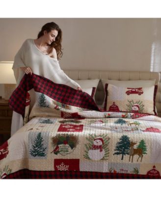 Christmas Snowman Reversible 3-Pc. Quilt Bedspread Set, Queen