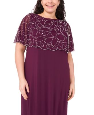 Plus Size Round Neck Beaded Cape Formal Dress