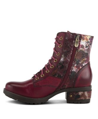 L Artiste Women s MARTY-MET Lace-Up Floral Metallic Boots with Faux Snakeskin Texture and Embossed Heel
